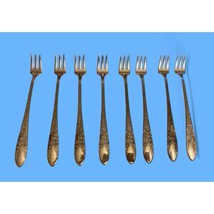 International Silver Co Silverplate ROSE AND LEAF 6” Cocktail Forks Set Of 8